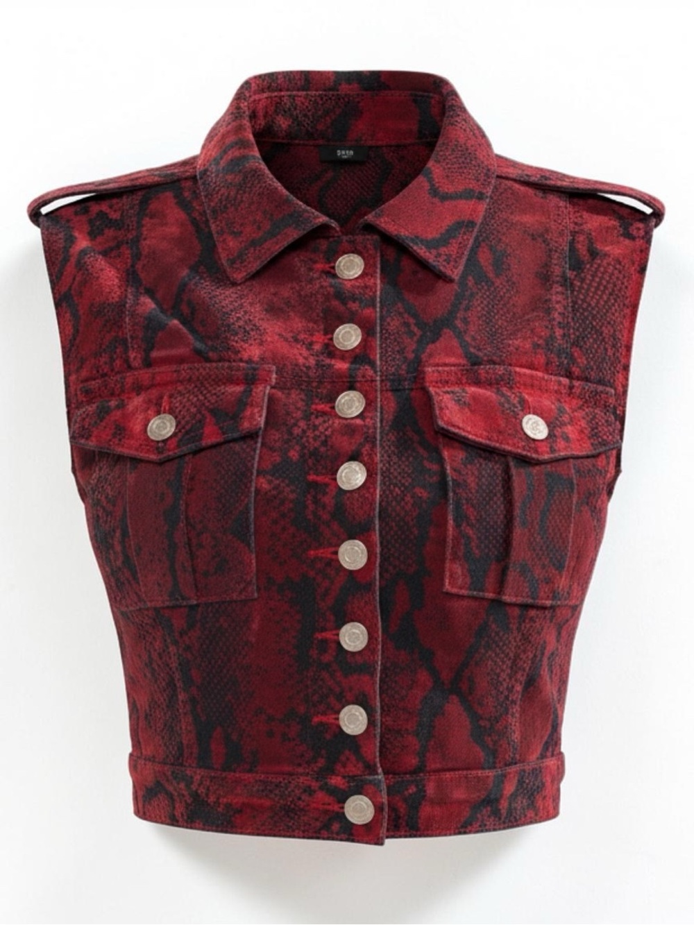 Sleeveless Red Snake-Print Button Down Vest